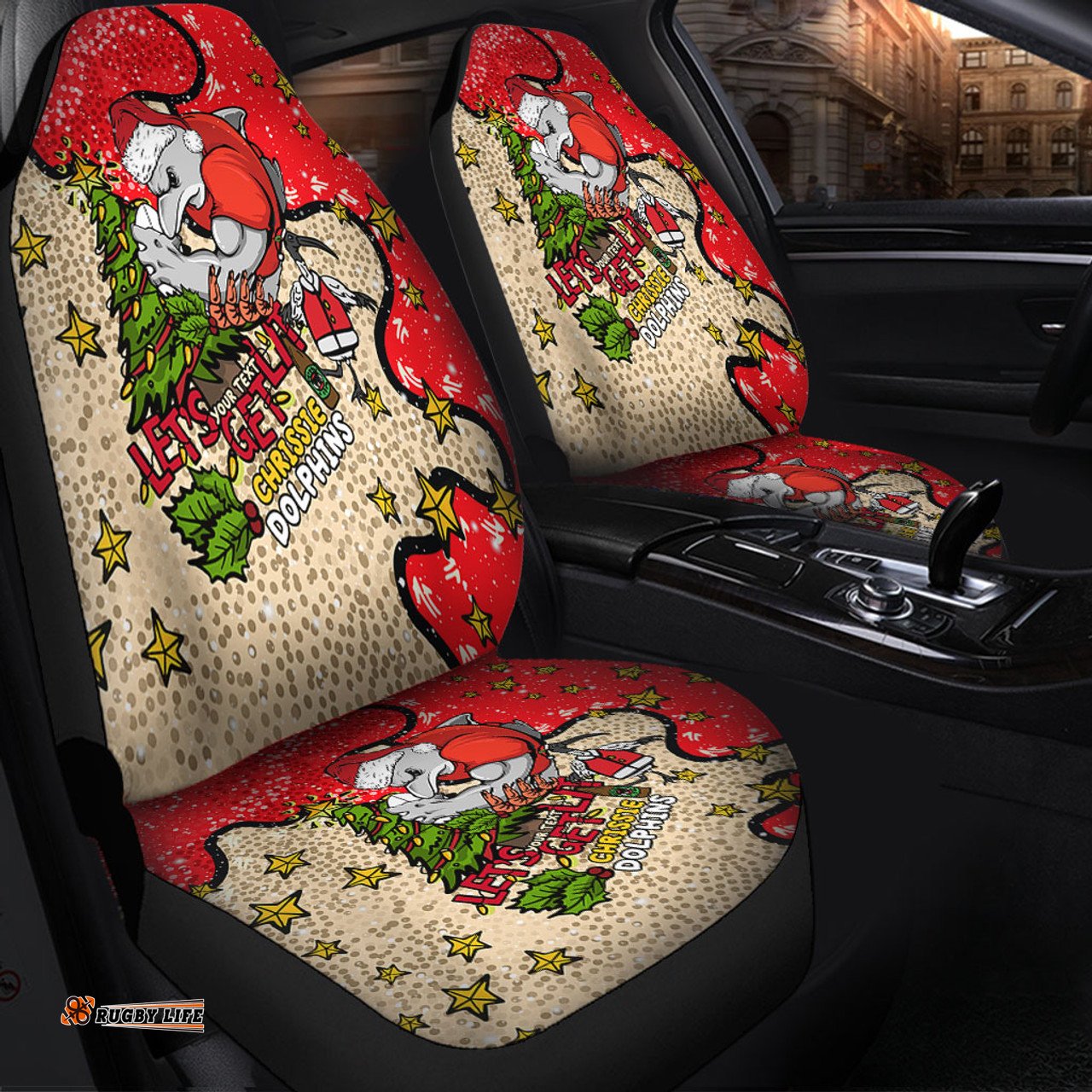 Redcliffe Dolphins Christmas Custom Let's Get Lit Chrisse Pressie Car Seat Covers