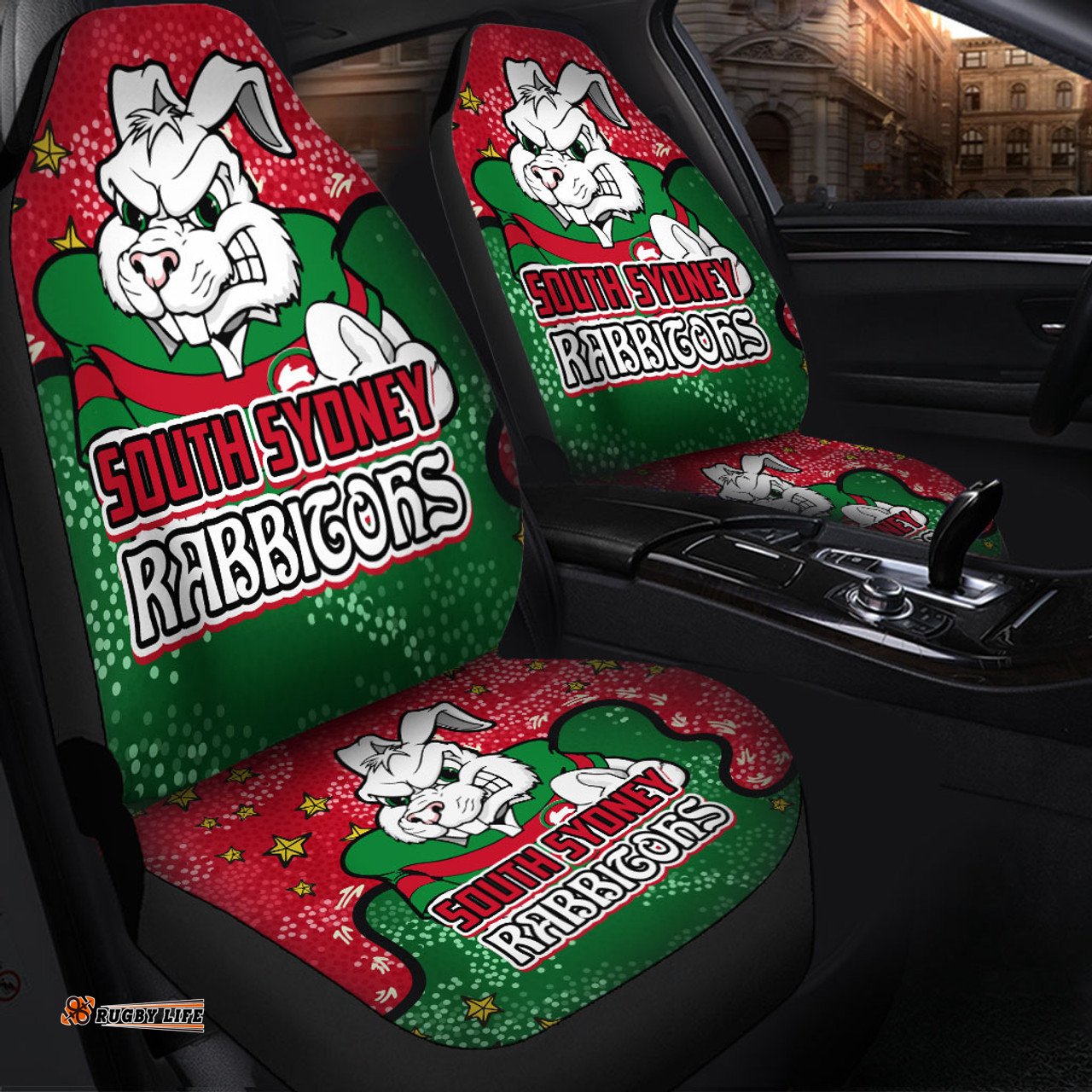 South Sydney Rabbitohs Team With Dot And Star Patterns For Tough Fan Car Seat Covers