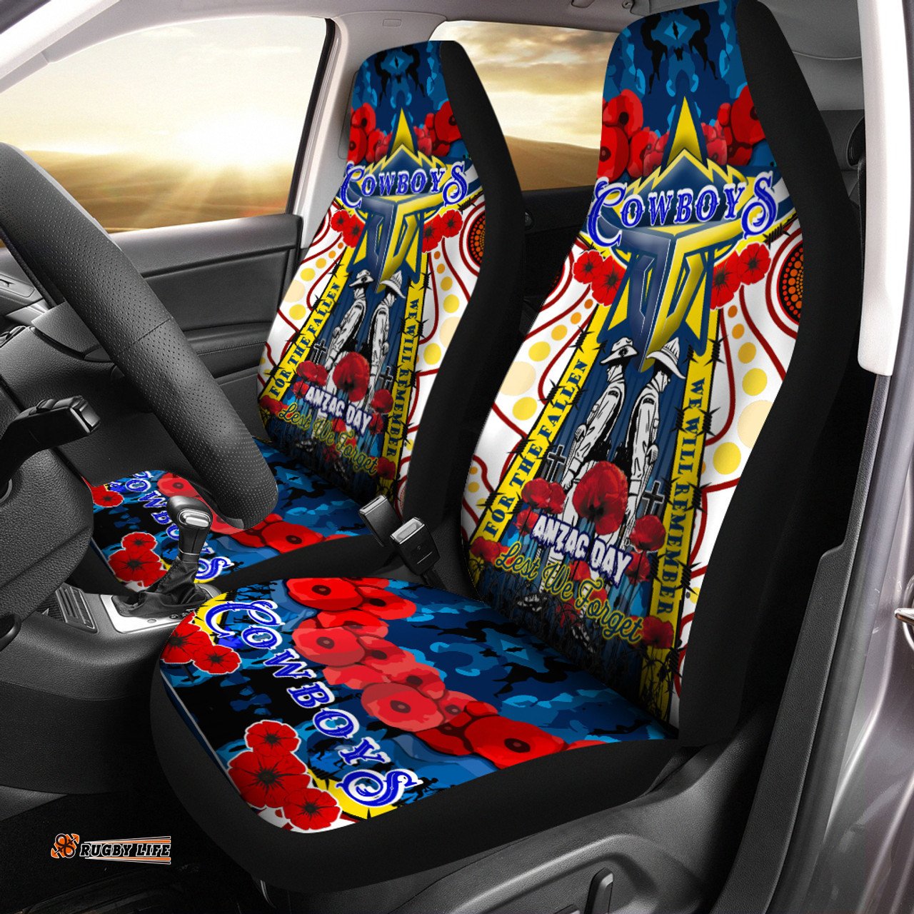 North Queensland Cowboys Anzac Day Watercolour Custom Remembrance Cowboys With Poppy Flower Car Seat Covers