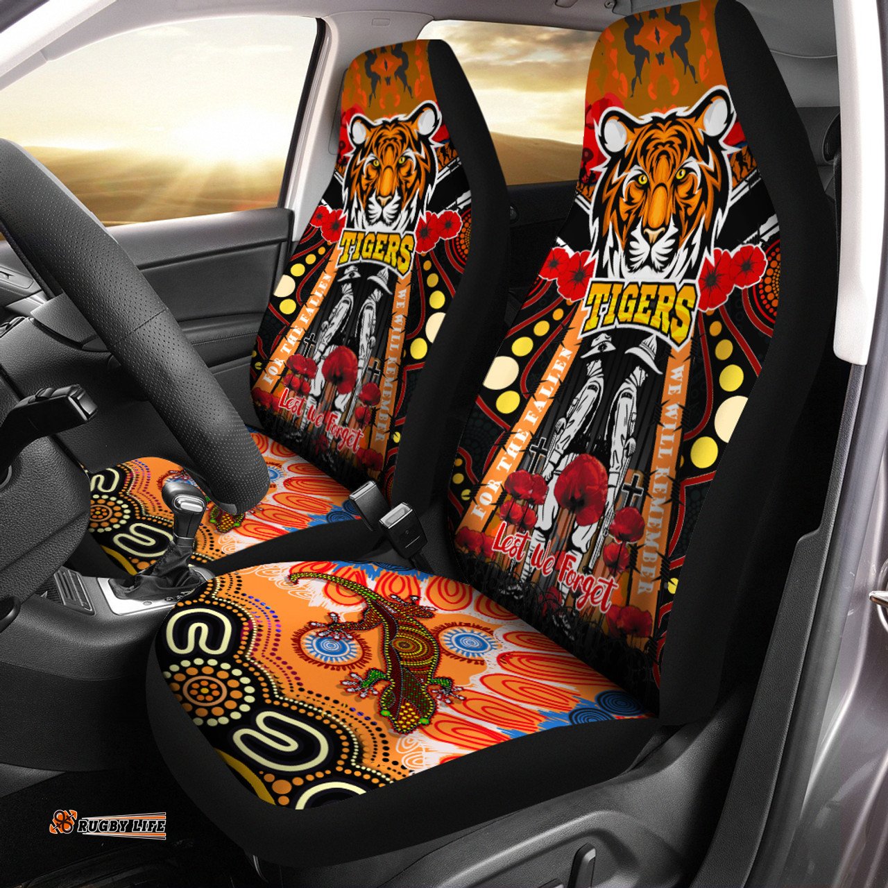 Australia Tigers Anzac Day Watercolour Custom Remembrance Tigers With Poppy Flower Car Seat Covers