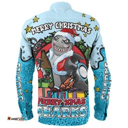 Amazing Aussie Cronulla Sutherland Sharks Christmas Custom Merry Christmas Our Beloved Team With Aboriginal Dot Art Pattern Long Sleeve Shirt