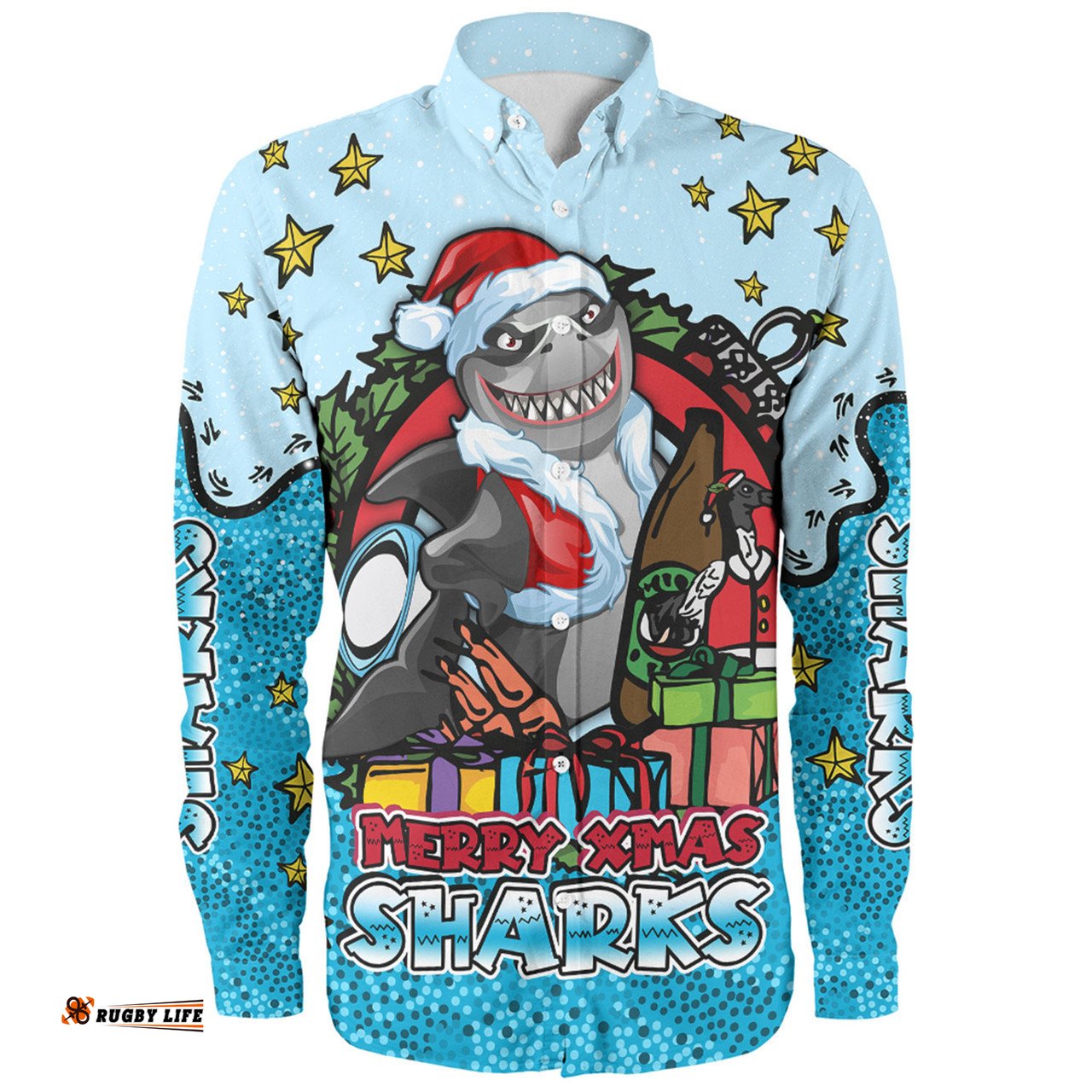 Amazing Aussie Cronulla Sutherland Sharks Christmas Custom Merry Christmas Our Beloved Team With Aboriginal Dot Art Pattern Long Sleeve Shirt