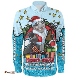Amazing Aussie Cronulla Sutherland Sharks Christmas Custom Merry Christmas Our Beloved Team With Aboriginal Dot Art Pattern Long Sleeve Shirt