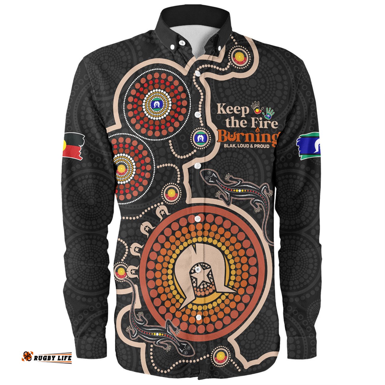 Amazing Aussie Australia Aboriginal Dot Art Inspired Naidoc Week Keep The Fire Burning! Blak, Loud & Proud Long Sleeve Shirt