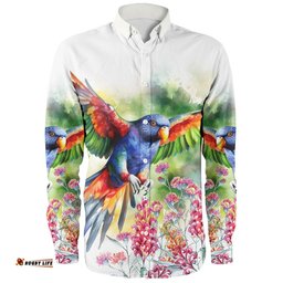Amazing Aussie Australia Rainbow Lorikeets Rainbow Lorikeets Flying With Grevillea Flowers Art Long Sleeve Shirt