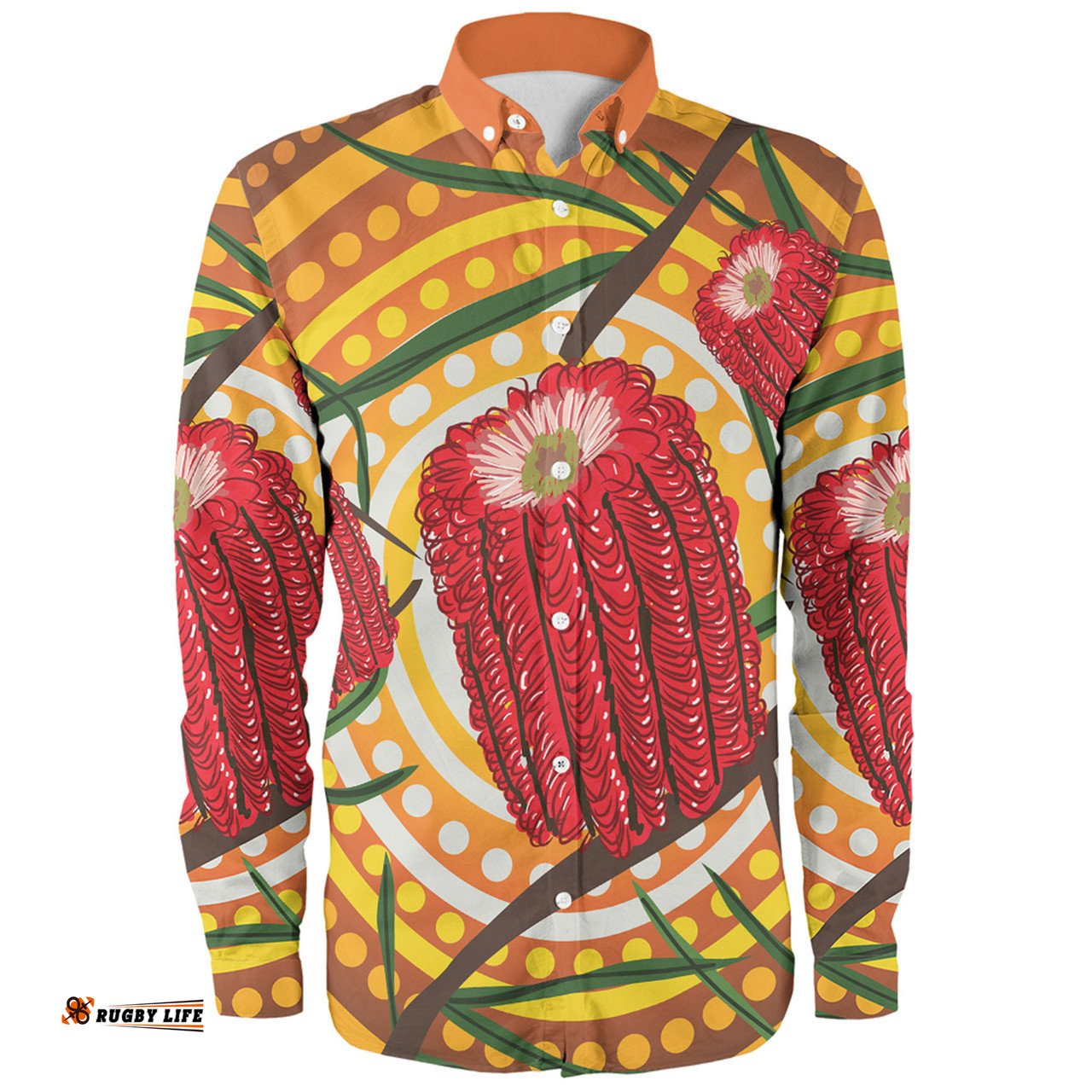 Amazing Aussie Australia Flowers Aboriginal Aboriginal Dot Painting With Red Banksia Flower Long Sleeve Shirt
