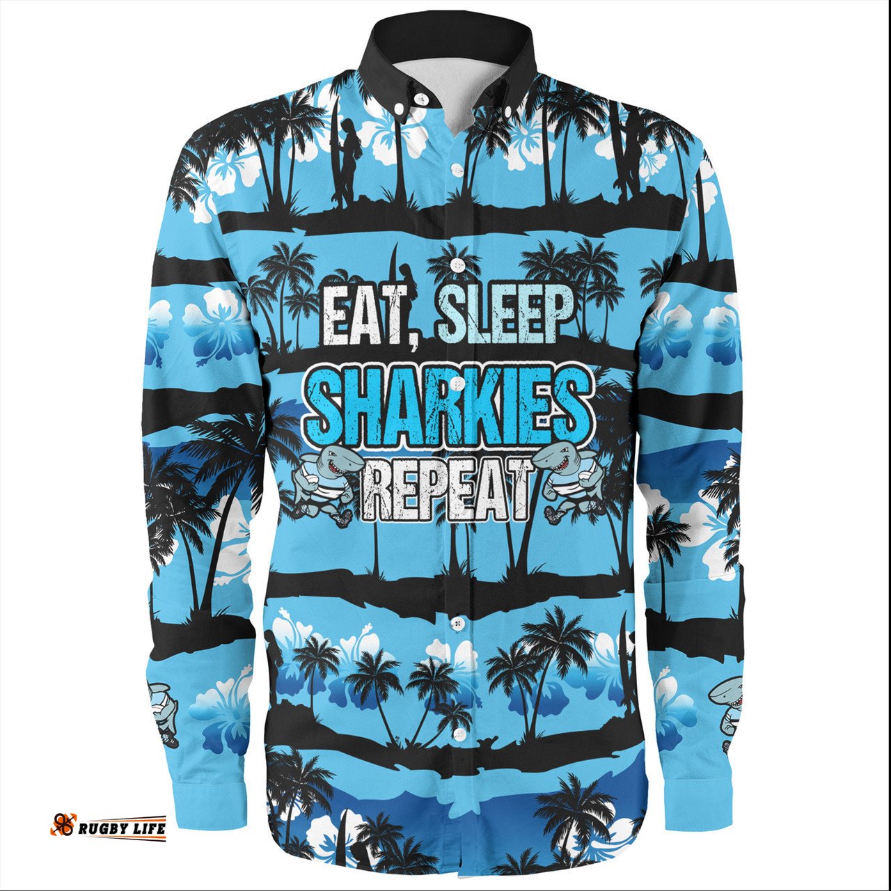 Amazing Aussie Cronulla Sutherland Sharks Eat Sleep Repeat With Tropical Patterns Long Sleeve Shirt