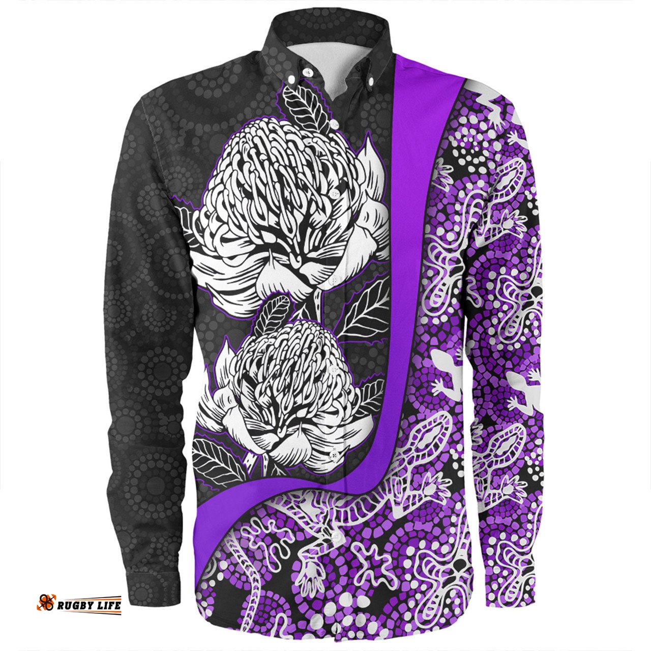 Amazing Aussie Australia Warratah Goanna Aboriginal Waratah Flowers With Purple Lizards, Stones, Sand Dot Art Painting Inspired Long Sleeve Shirt