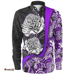 Amazing Aussie Australia Warratah Goanna Aboriginal Waratah Flowers With Purple Lizards, Stones, Sand Dot Art Painting Inspired Long Sleeve Shirt