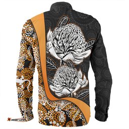 Amazing Aussie Australia Warratah Goanna Aboriginal Waratah Flowers With Orange Lizards, Stones, Sand Dot Art Painting Inspired Long Sleeve Shirt