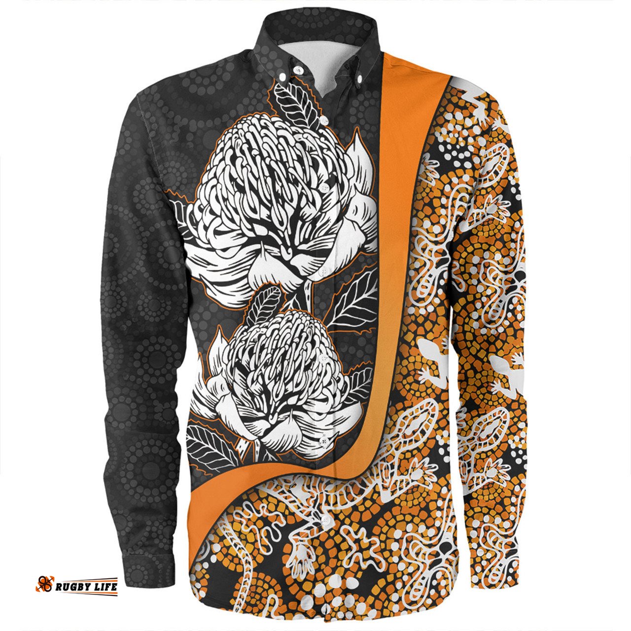 Amazing Aussie Australia Warratah Goanna Aboriginal Waratah Flowers With Orange Lizards, Stones, Sand Dot Art Painting Inspired Long Sleeve Shirt