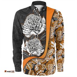 Amazing Aussie Australia Warratah Goanna Aboriginal Waratah Flowers With Orange Lizards, Stones, Sand Dot Art Painting Inspired Long Sleeve Shirt