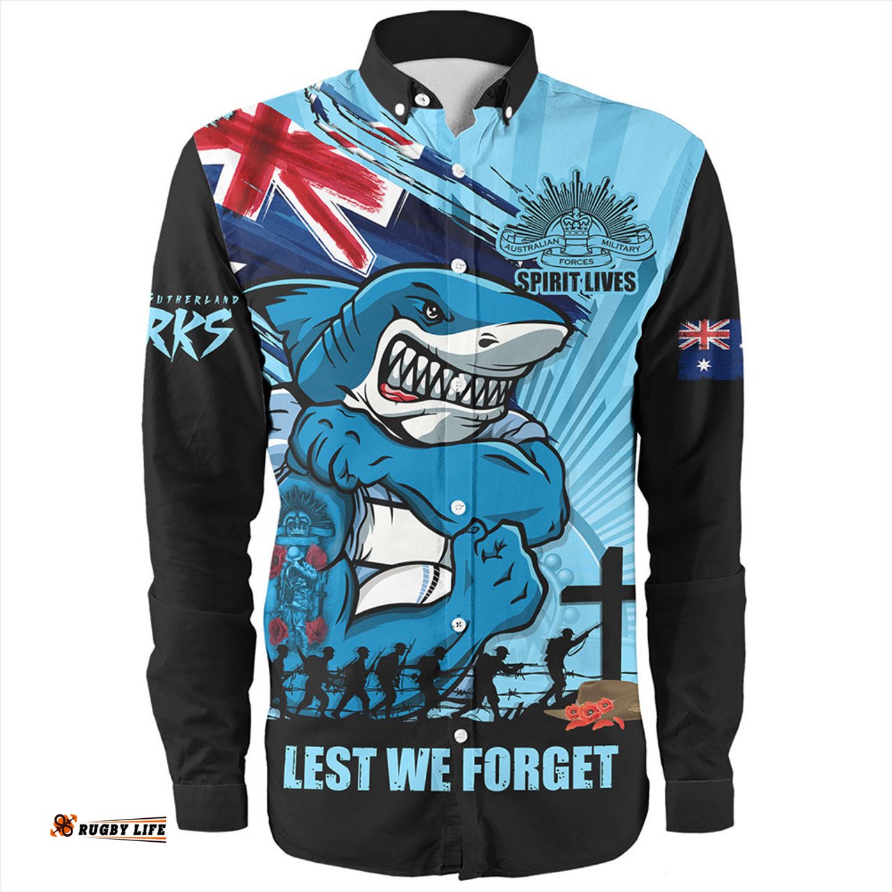 Amazing Aussie Cronulla Sutherland Sharks Fearless ANZAC Defender Long Sleeve Shirt