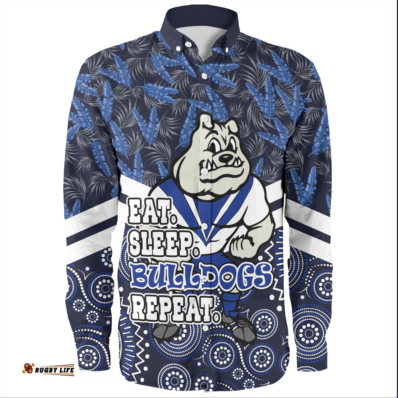 Amazing Aussie Canterbury Bankstown Bulldogs Tropical Patterns And Dot Painting Eat Sleep Rugby Repeat Long Sleeve Shirt