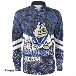 Amazing Aussie Canterbury Bankstown Bulldogs Tropical Patterns And Dot Painting Eat Sleep Rugby Repeat Long Sleeve Shirt