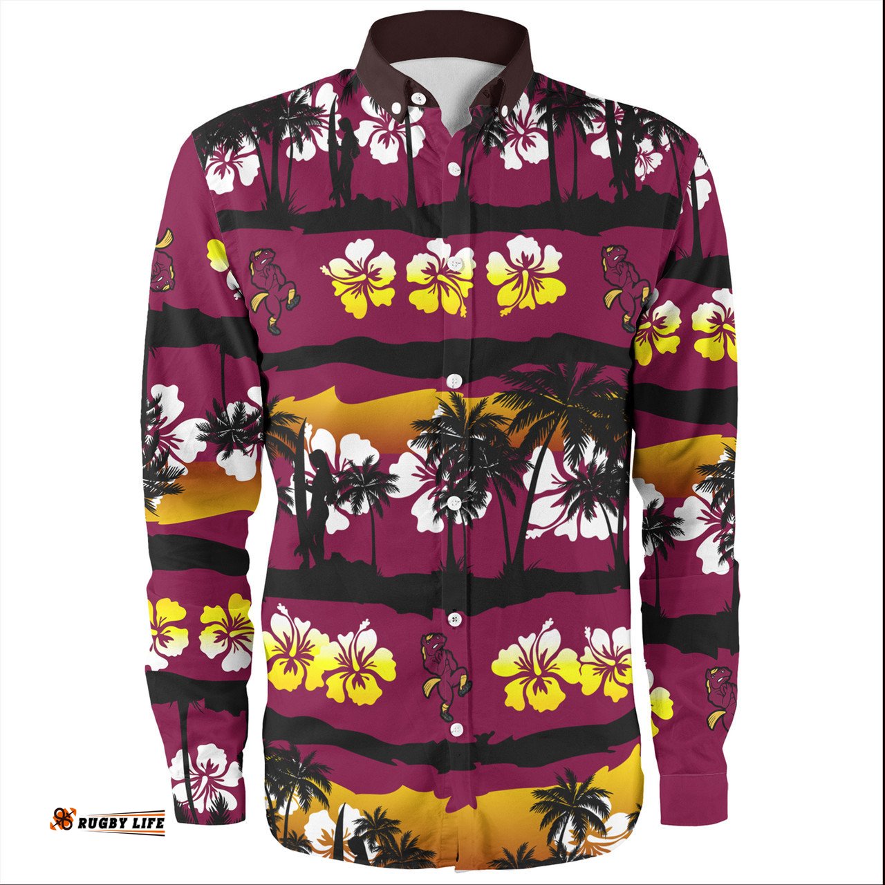 Amazing Aussie Brisbane Broncos Tropical Hibiscus and Coconut Trees Long Sleeve Shirt