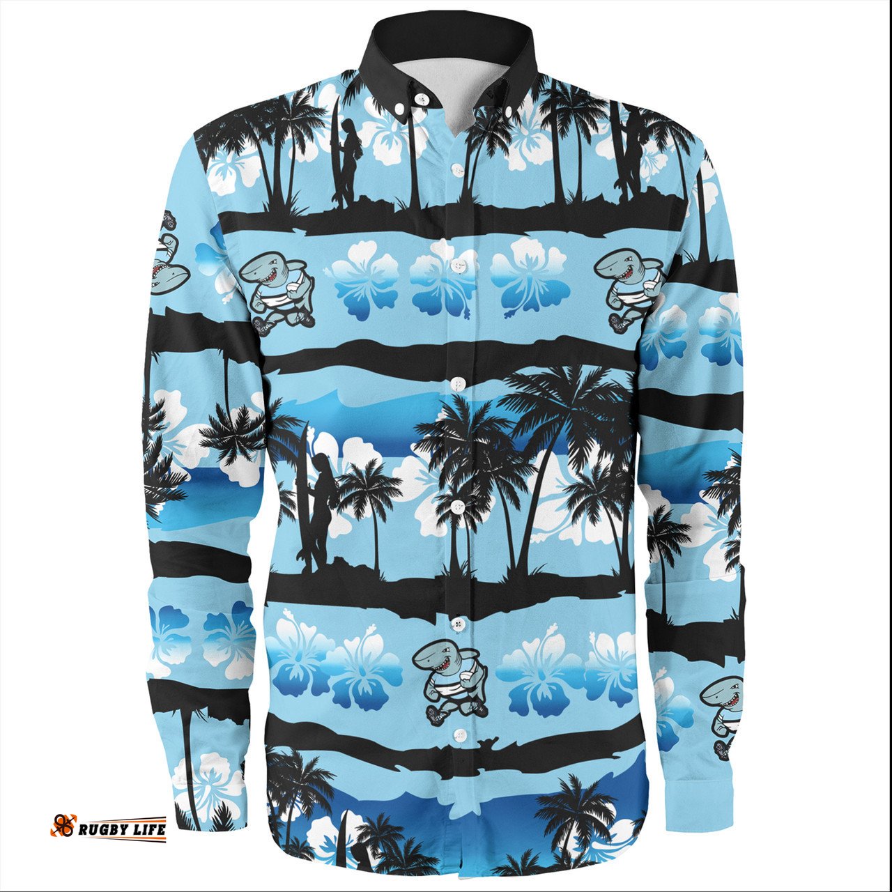 Amazing Aussie Cronulla Sutherland Sharks Tropical Hibiscus and Coconut Trees Long Sleeve Shirt