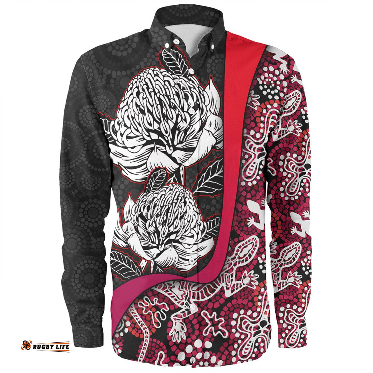 Amazing Aussie Australia Warratah Goanna Aboriginal Waratah Flowers With Red Lizards, Stones, Sand Dot Art Painting Inspired Long Sleeve Shirt