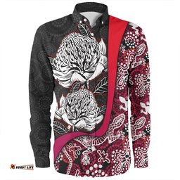 Amazing Aussie Australia Warratah Goanna Aboriginal Waratah Flowers With Red Lizards, Stones, Sand Dot Art Painting Inspired Long Sleeve Shirt