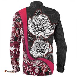 Amazing Aussie Australia Warratah Goanna Aboriginal Waratah Flowers With Red Lizards, Stones, Sand Dot Art Painting Inspired Long Sleeve Shirt