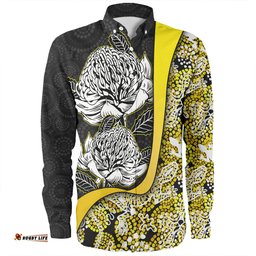 Amazing Aussie Australia Warratah Goanna Aboriginal Waratah Flowers With Yellow Lizards, Stones, Sand Dot Art Painting Inspired Long Sleeve Shirt