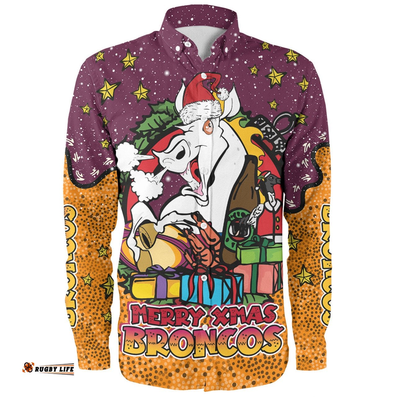 Amazing Aussie Brisbane Broncos Christmas Custom Merry Christmas Our Beloved Team With Aboriginal Dot Art Pattern Long Sleeve Shirt