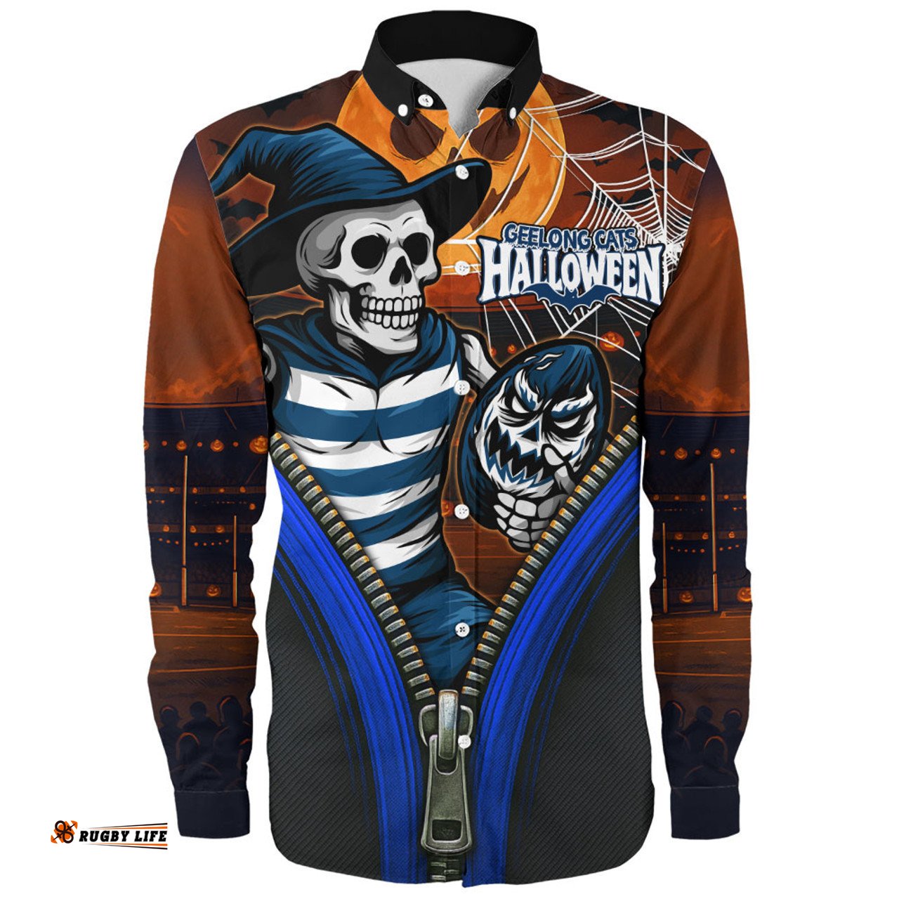 Amazing Aussie Geelong Cats Halloween Night Reaper Zipper Long Sleeve Shirt