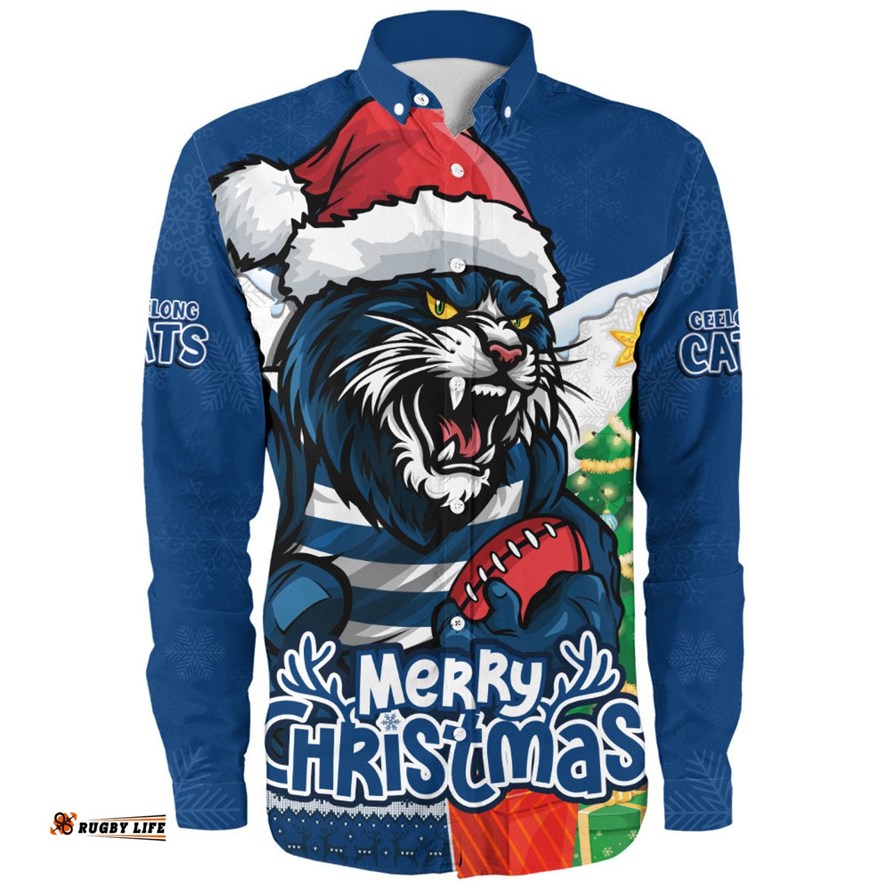 Amazing Aussie Geelong Cats Santa Scoring Touchdown On Christmas Game Day Long Sleeve Shirt