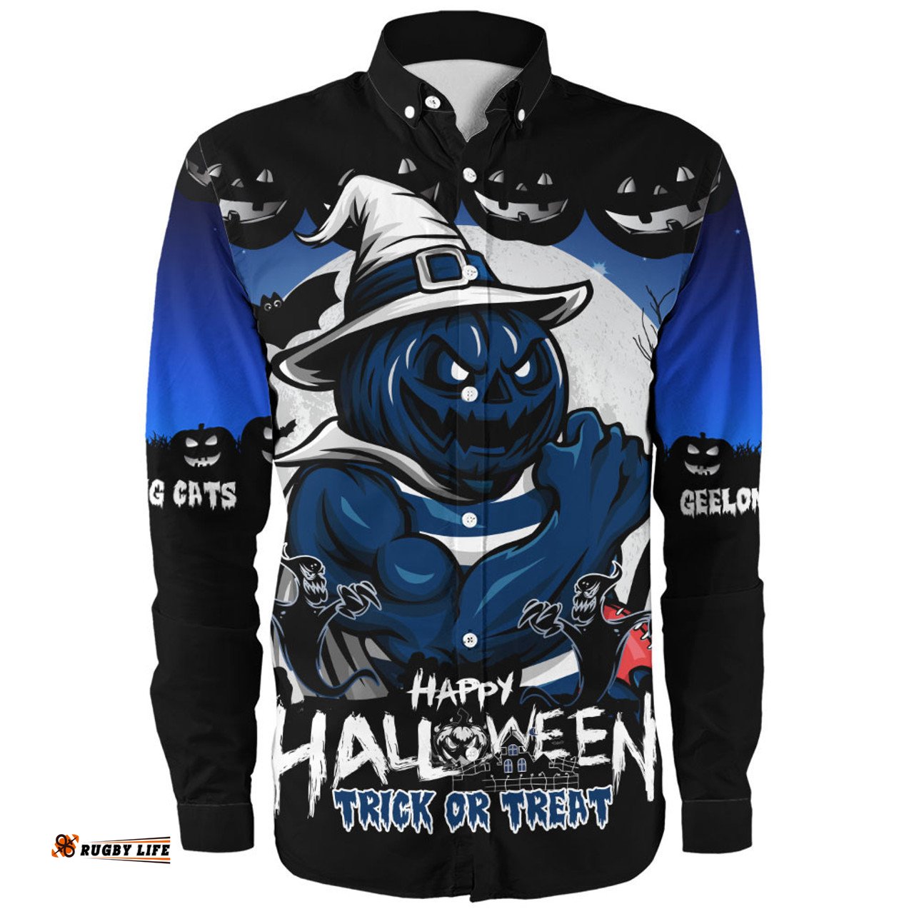 Amazing Aussie Geelong Cats Dark Pumpkin Halloween Spirit Long Sleeve Shirt