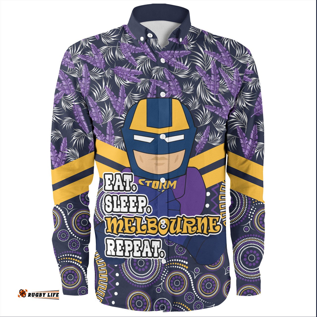 Amazing Aussie Melbourne Storm Tropical Patterns And Dot Painting Eat Sleep Rugby Repeat Long Sleeve Shirt
