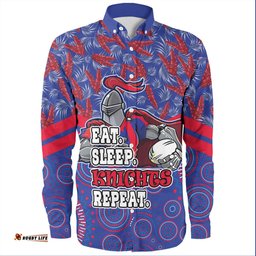 Amazing Aussie Newcastle Knights Sport Tropical Patterns And Dot Painting Eat Sleep Rugby Repeat Long Sleeve Shirt