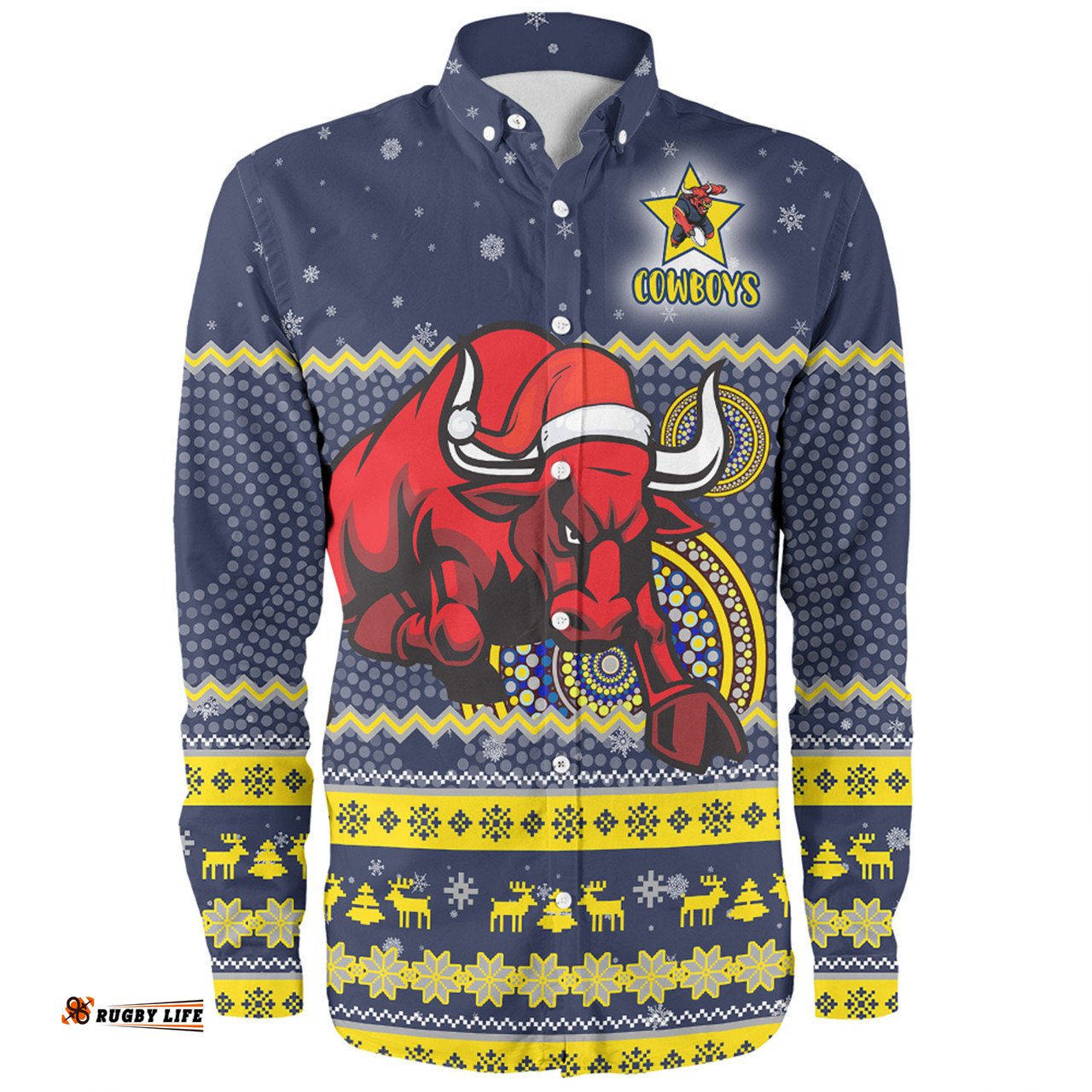Amazing Aussie North Queensland Cowboys Christmas Custom Ugly Xmas And Aboriginal Patterns For Die Hard Fan Long Sleeve Shirt