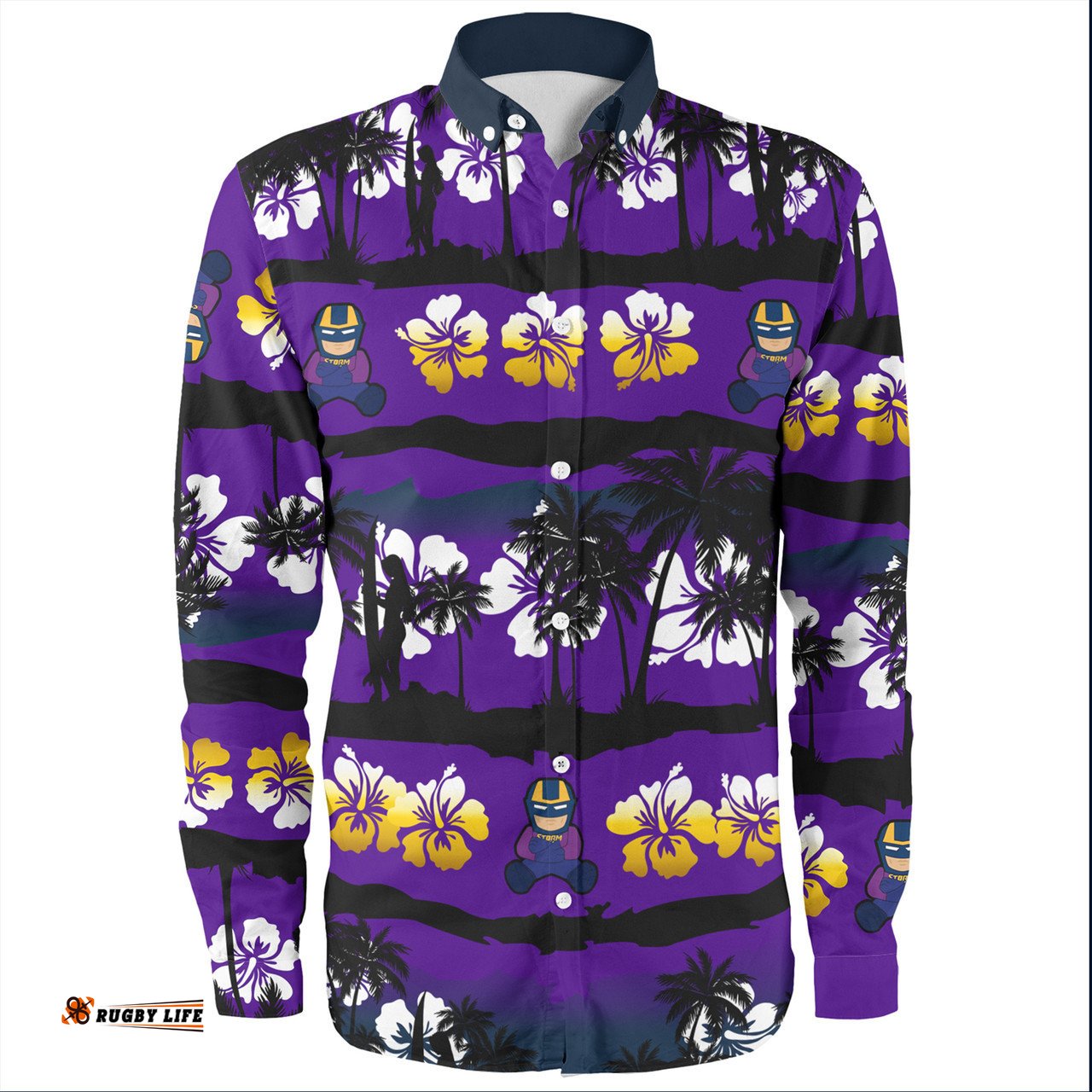 Amazing Aussie Melbourne Storm Tropical Hibiscus and Coconut Trees Long Sleeve Shirt