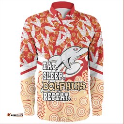 Amazing Aussie Redcliffe Dolphins Tropical Patterns And Dot Painting Eat Sleep Rugby Repeat Long Sleeve Shirt
