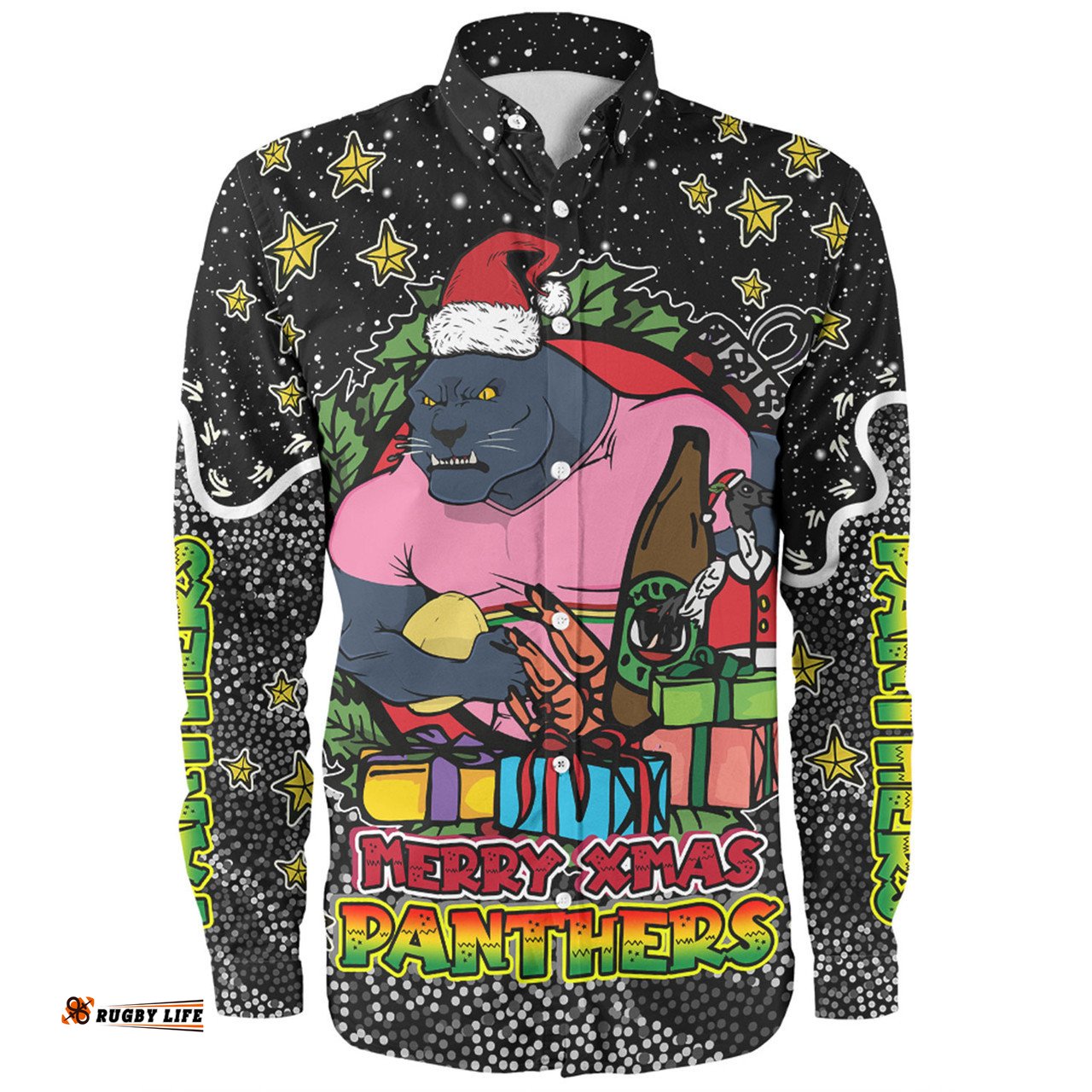 Amazing Aussie Penrith Panthers Christmas Custom Merry Christmas Our Beloved Team With Aboriginal Dot Art Pattern Long Sleeve Shirt