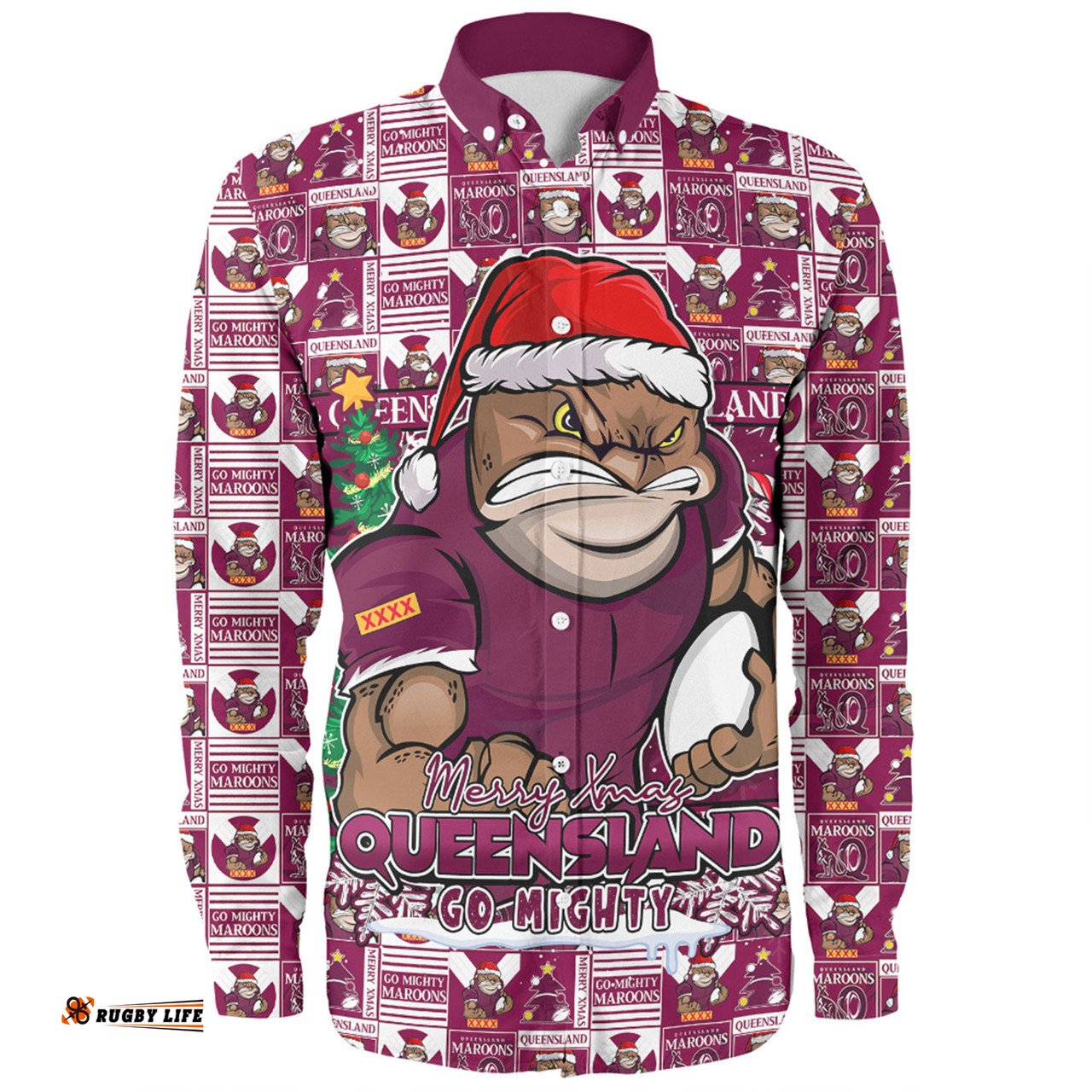 Amazing Aussie Queensland Maroons Merry Ugly Christmas Comic Style Long Sleeve Shirt