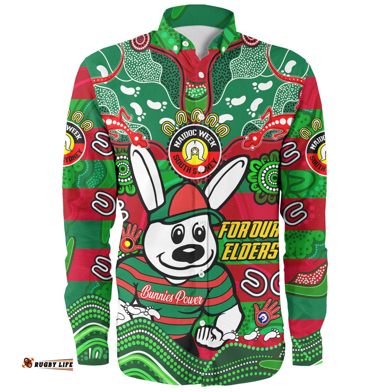Amazing Aussie South Sydney Rabbitohs Custom For Our Elders Home Jersey Shirt Long Sleeve Shirt