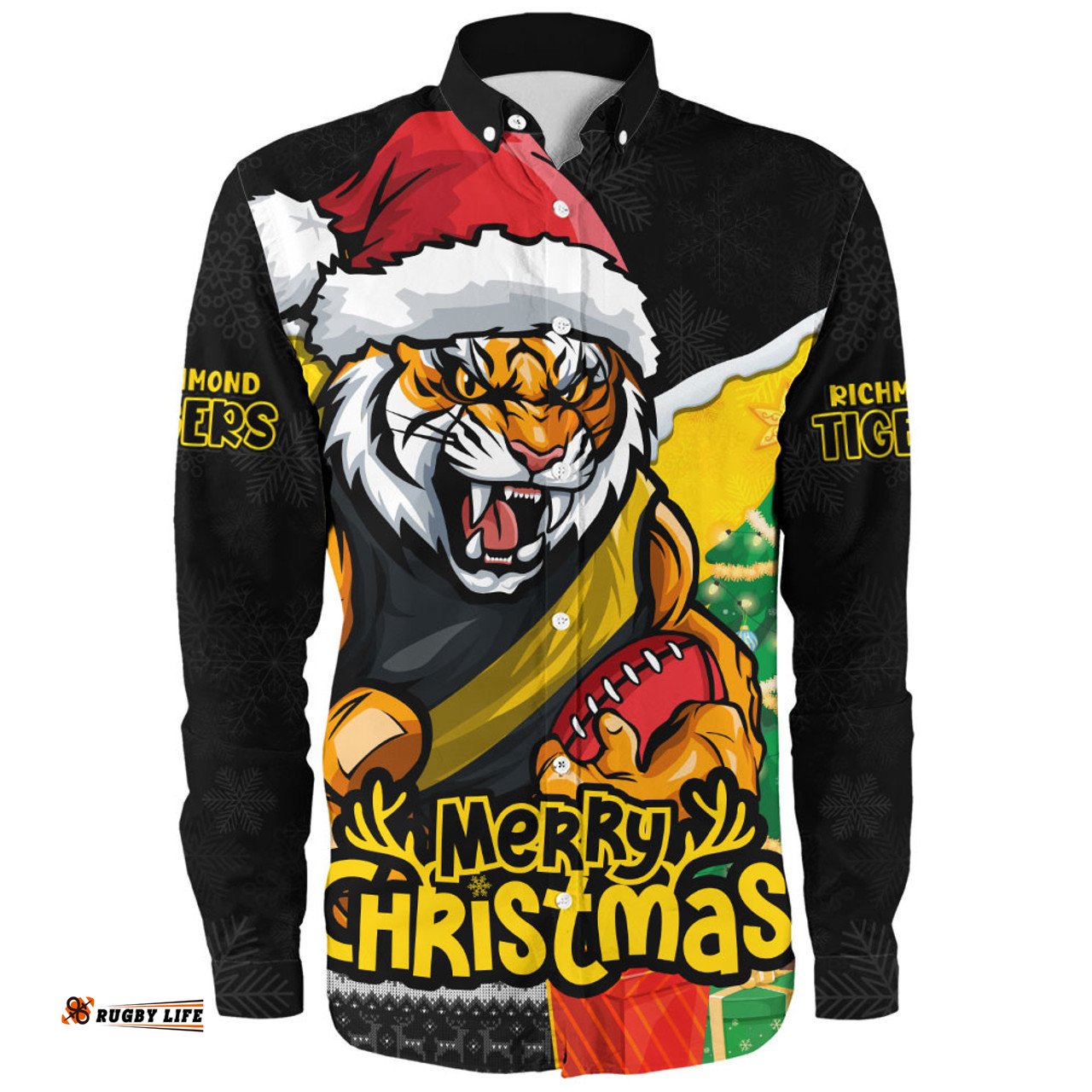 Amazing Aussie Richmond Santa Scoring Touchdown On Christmas Game Day Long Sleeve Shirt