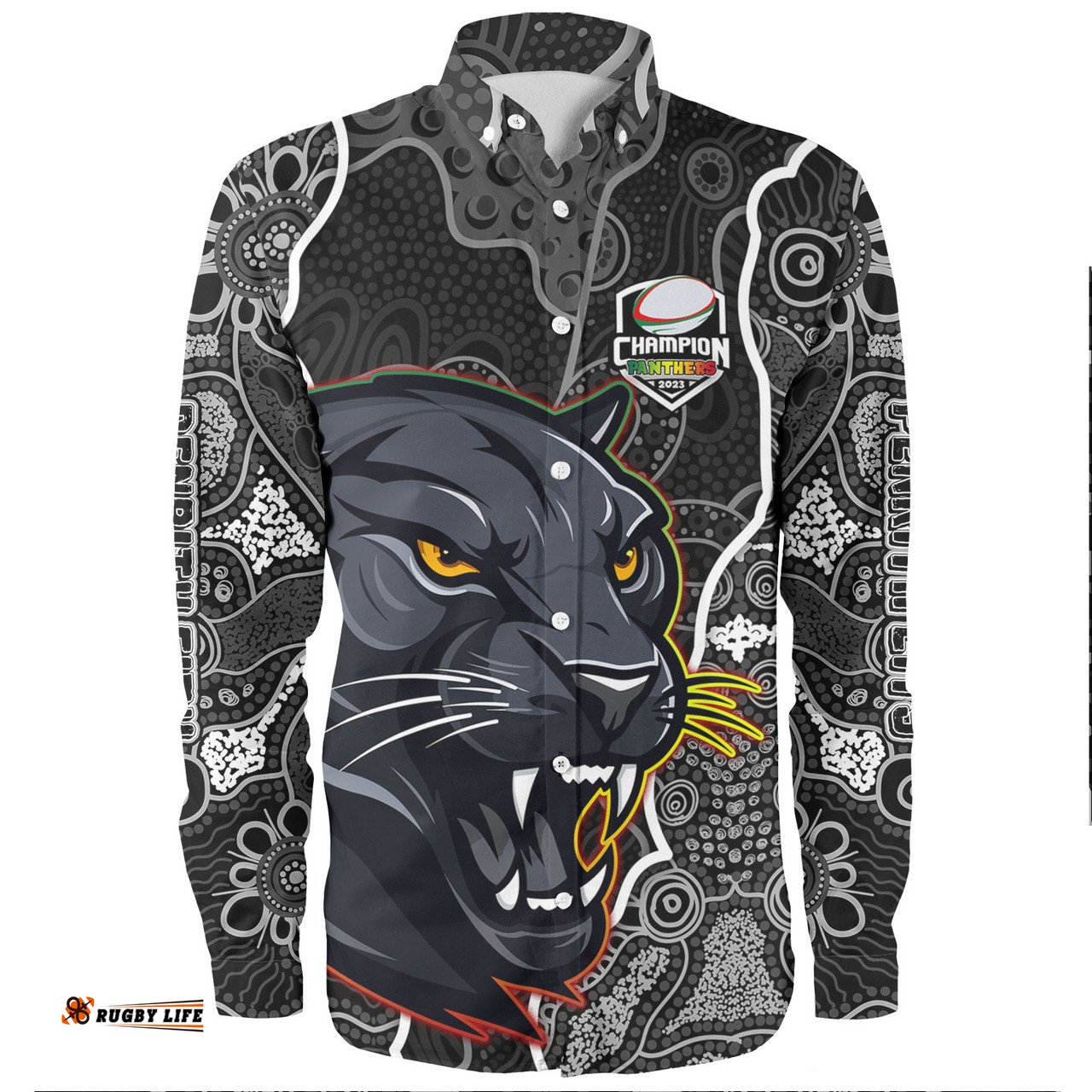 Amazing Aussie Penrith Panthers Grand Final Customs Custom Penrith Panthers With Contemporary Style Of Aboriginal Paintings Long Sleeve Shirt