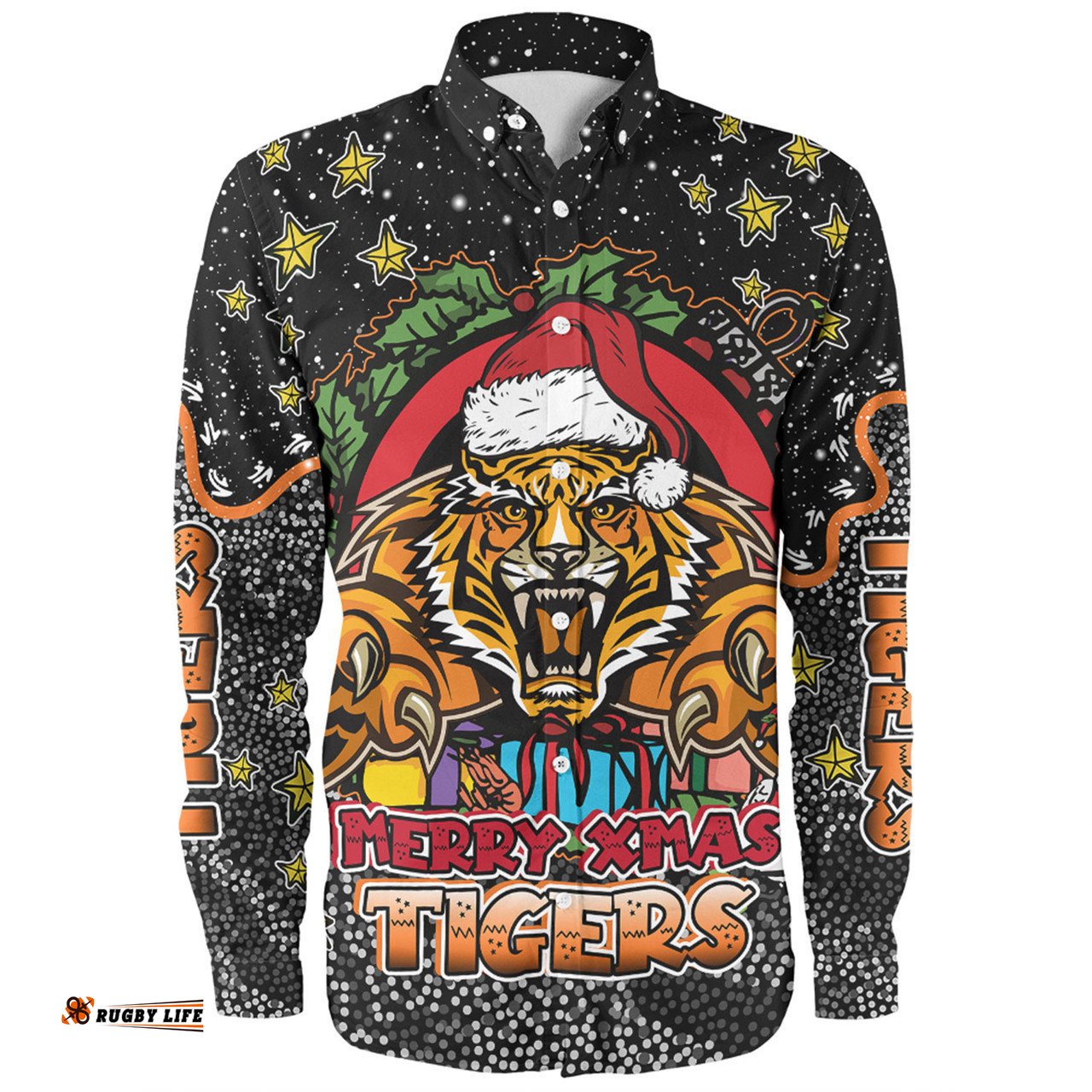 Amazing Aussie Wests Tigers Christmas Custom Merry Christmas Our Beloved Team With Aboriginal Dot Art Pattern Long Sleeve Shirt