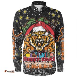 Amazing Aussie Wests Tigers Christmas Custom Merry Christmas Our Beloved Team With Aboriginal Dot Art Pattern Long Sleeve Shirt