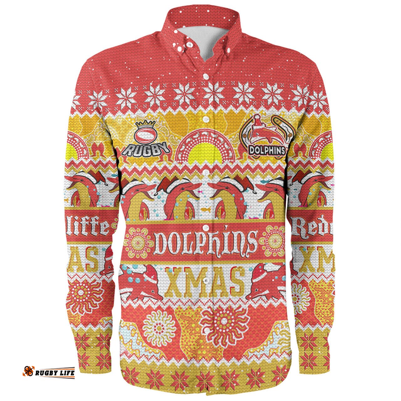 Amazing Aussie Redcliffe Dolphins Christmas Aboriginal Custom Indigenous Knitted Ugly Xmas Style Long Sleeve Shirt