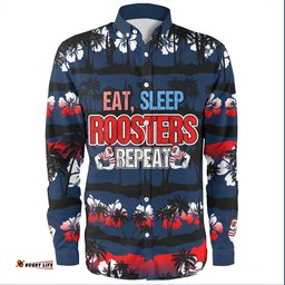 Amazing Aussie Sydney Roosters Eat Sleep Repeat With Tropical Patterns Long Sleeve Shirt