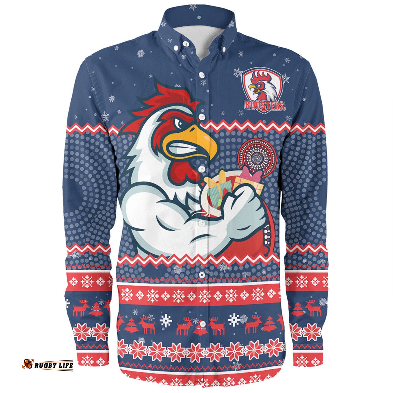 Amazing Aussie Sydney Roosters Christmas Custom Ugly Xmas And Aboriginal Patterns For Die Hard Fan Long Sleeve Shirt