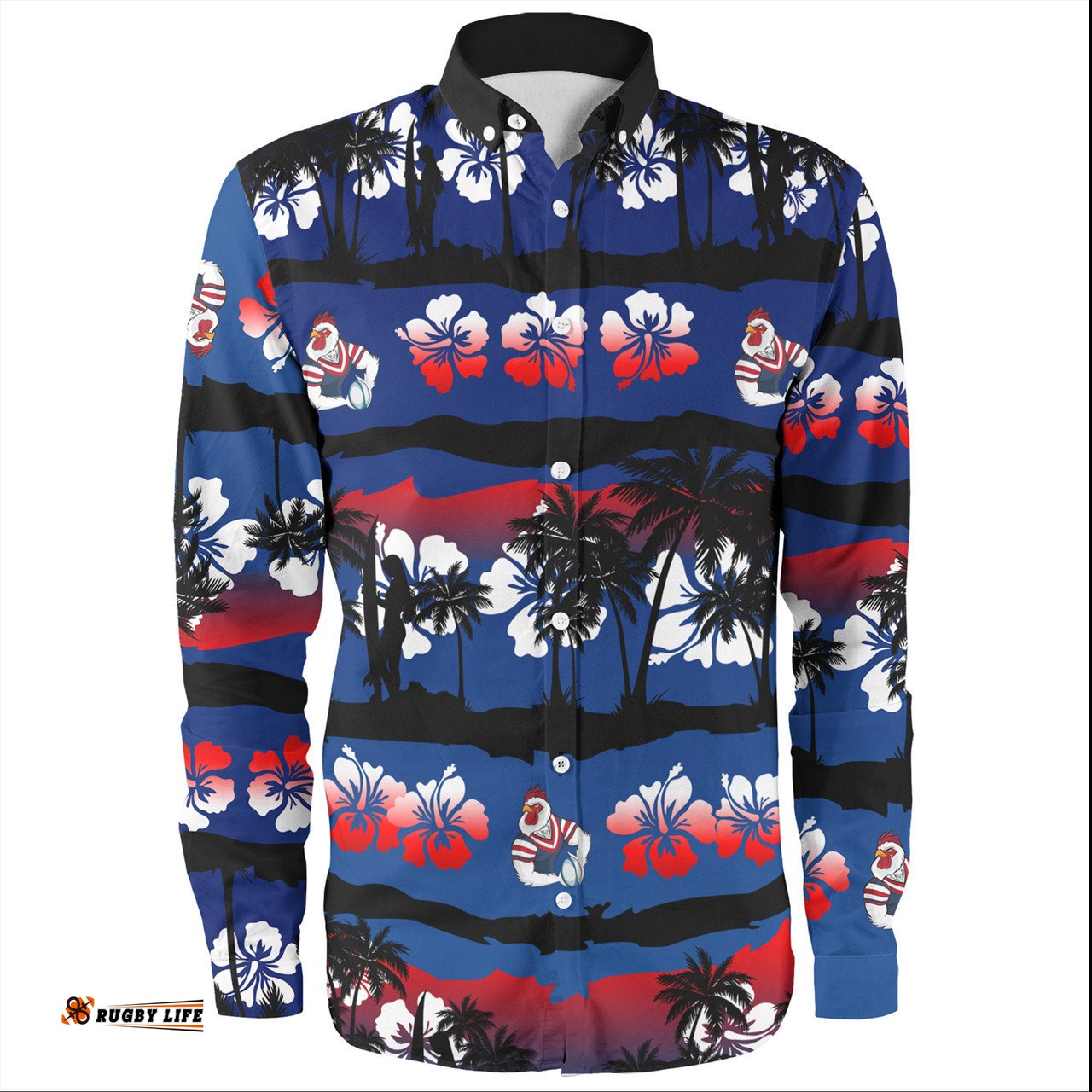Amazing Aussie Sydney Roosters Tropical Hibiscus and Coconut Trees Long Sleeve Shirt