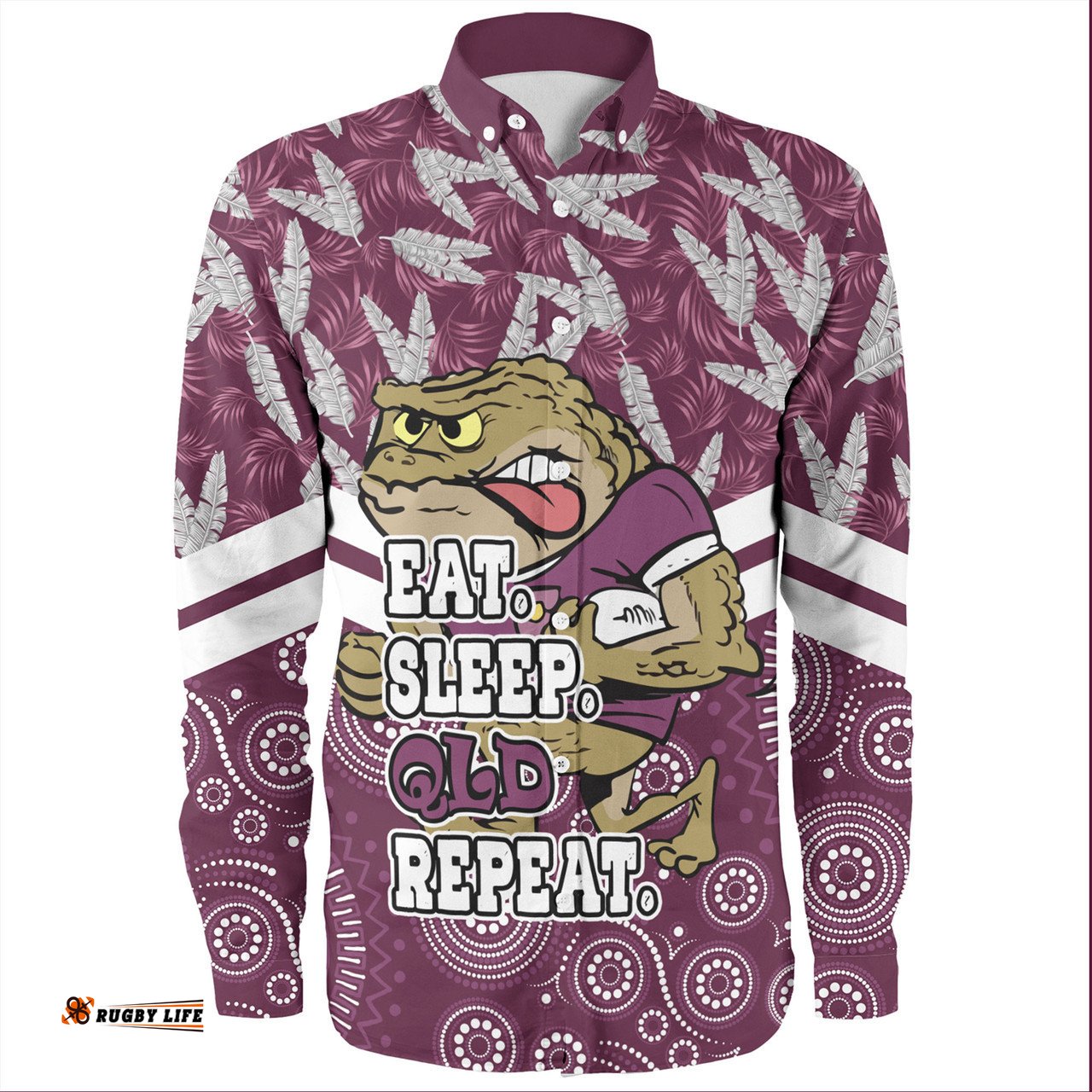 Amazing Aussie Cane Toads Sport Tropical Patterns And Dot Painting Eat Sleep Rugby Repeat Long Sleeve Shirt