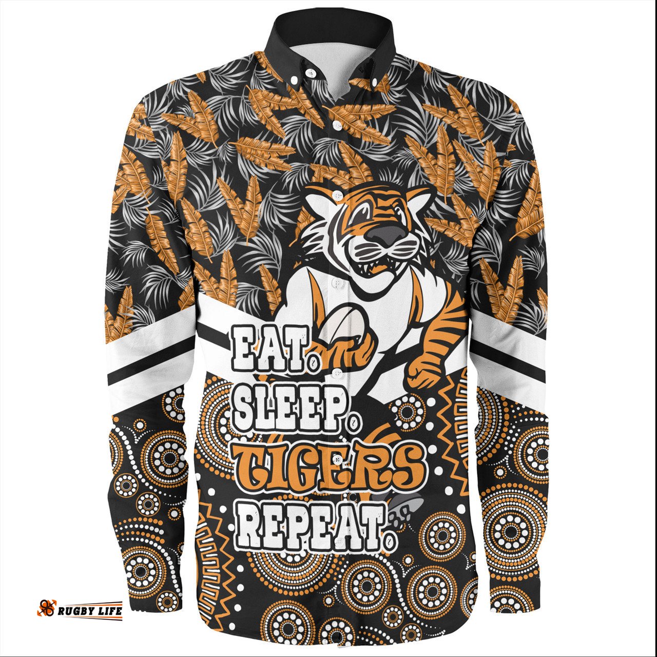 Amazing Aussie Wests Tigers Tropical Patterns And Dot Painting Eat Sleep Rugby Repeat Long Sleeve Shirt
