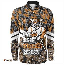 Amazing Aussie Wests Tigers Tropical Patterns And Dot Painting Eat Sleep Rugby Repeat Long Sleeve Shirt