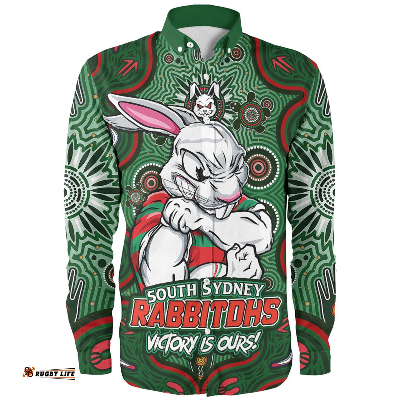 Amazing Aussie South Sydney Rabbitohs Aboriginal Pattern Inspired Victory Is Ours Long Sleeve Shirt
