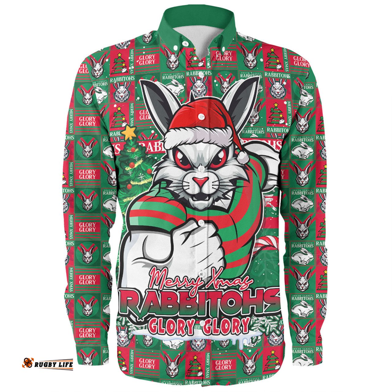 Amazing Aussie South Sydney Rabbitohs Merry Ugly Christmas Comic Style Long Sleeve Shirt
